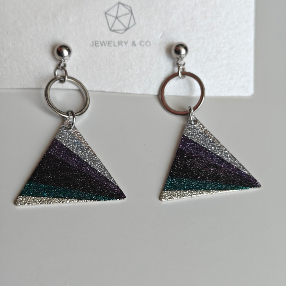 Jewelry & Co Triangle Earrings Silver Tone Geometric Glitter‎ Drop Multi Color